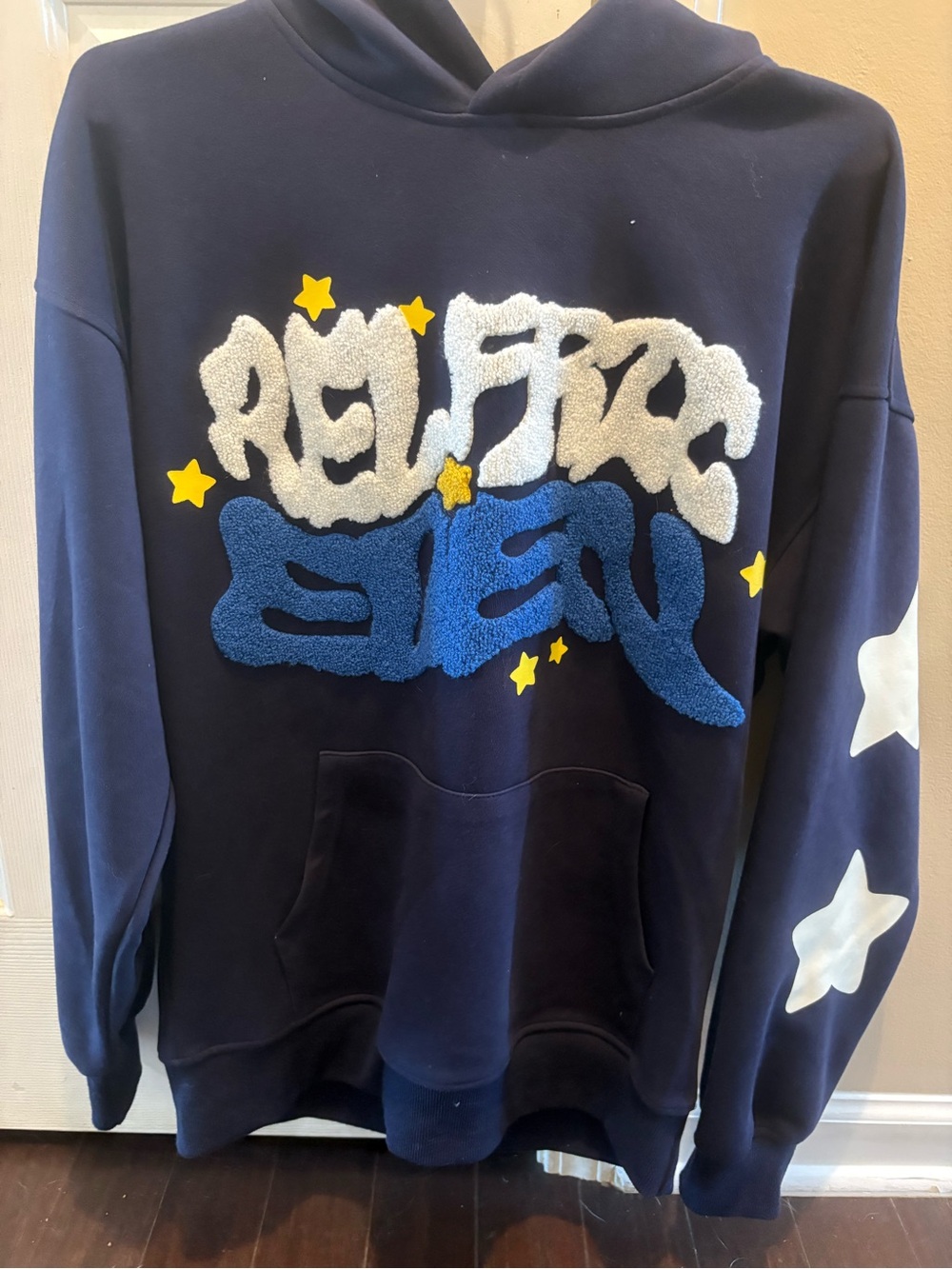 Navy Graphic Hooded Sweater with Star Accents X Small